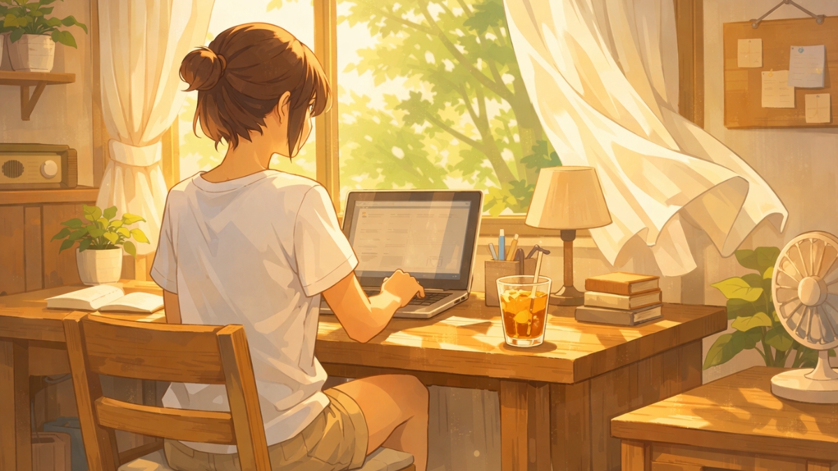 Cozy summer workspace with iced drink